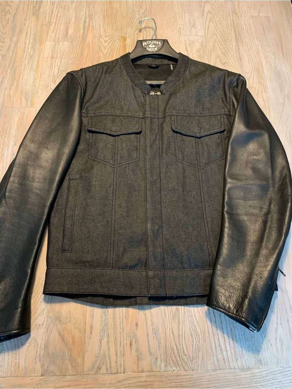 Men's Black Denim Jacket with Leather Sleeves